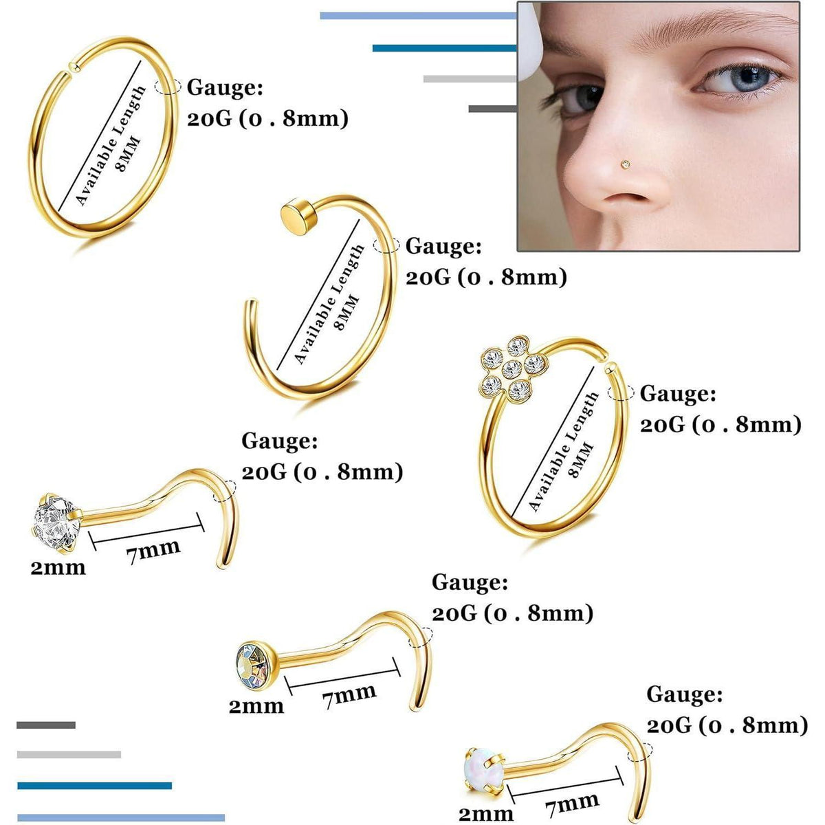 Nasenpiercing Set 26tlg. Chirurgenstahl mit Zirkonia, Gold & Silber