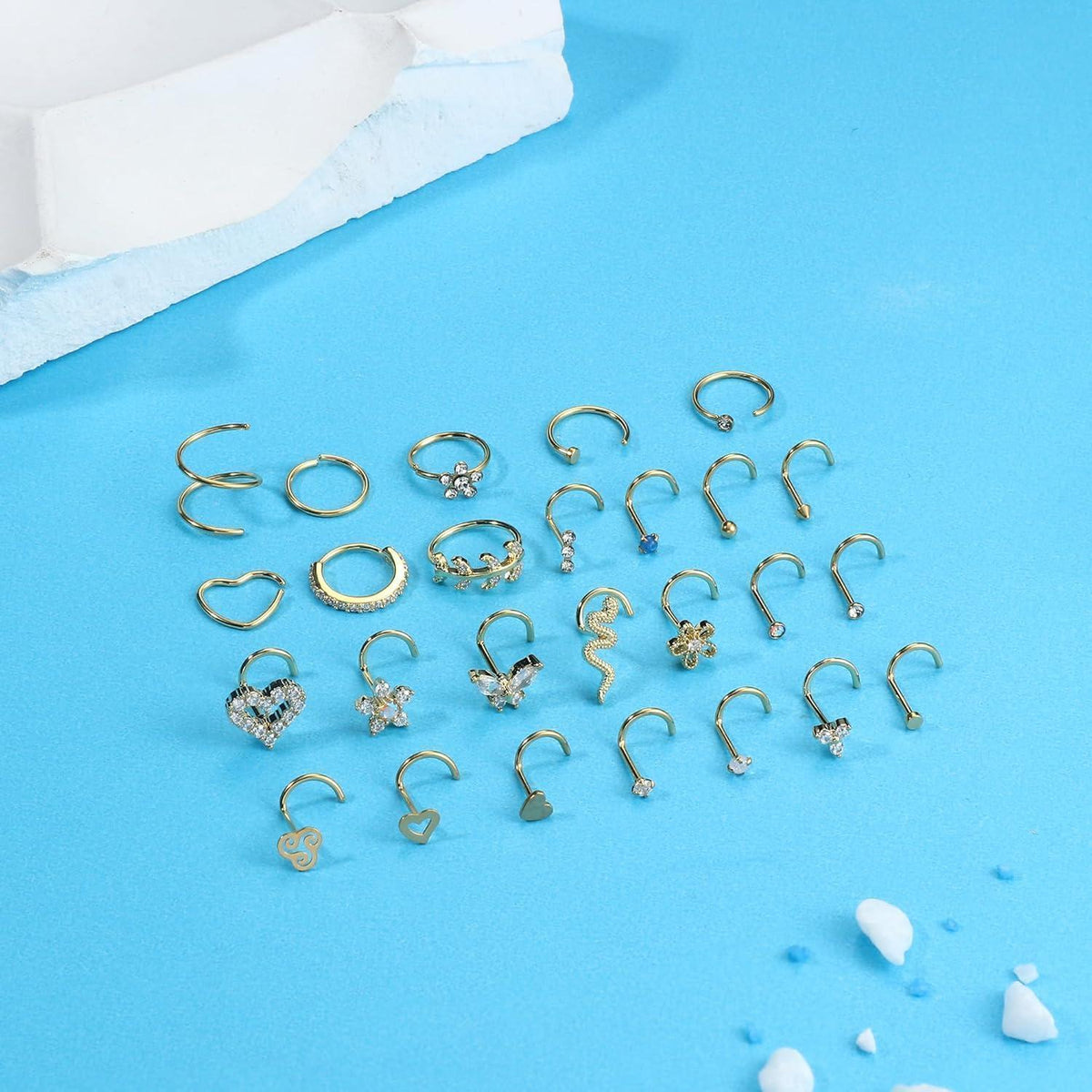 Nasenpiercing Set 26tlg. Chirurgenstahl mit Zirkonia, Gold & Silber