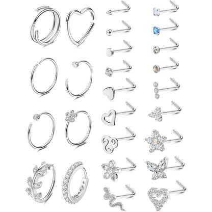 Nasenpiercing Set 26tlg. Chirurgenstahl mit Zirkonia, Schmetterling, Schlange, Gold & Silber