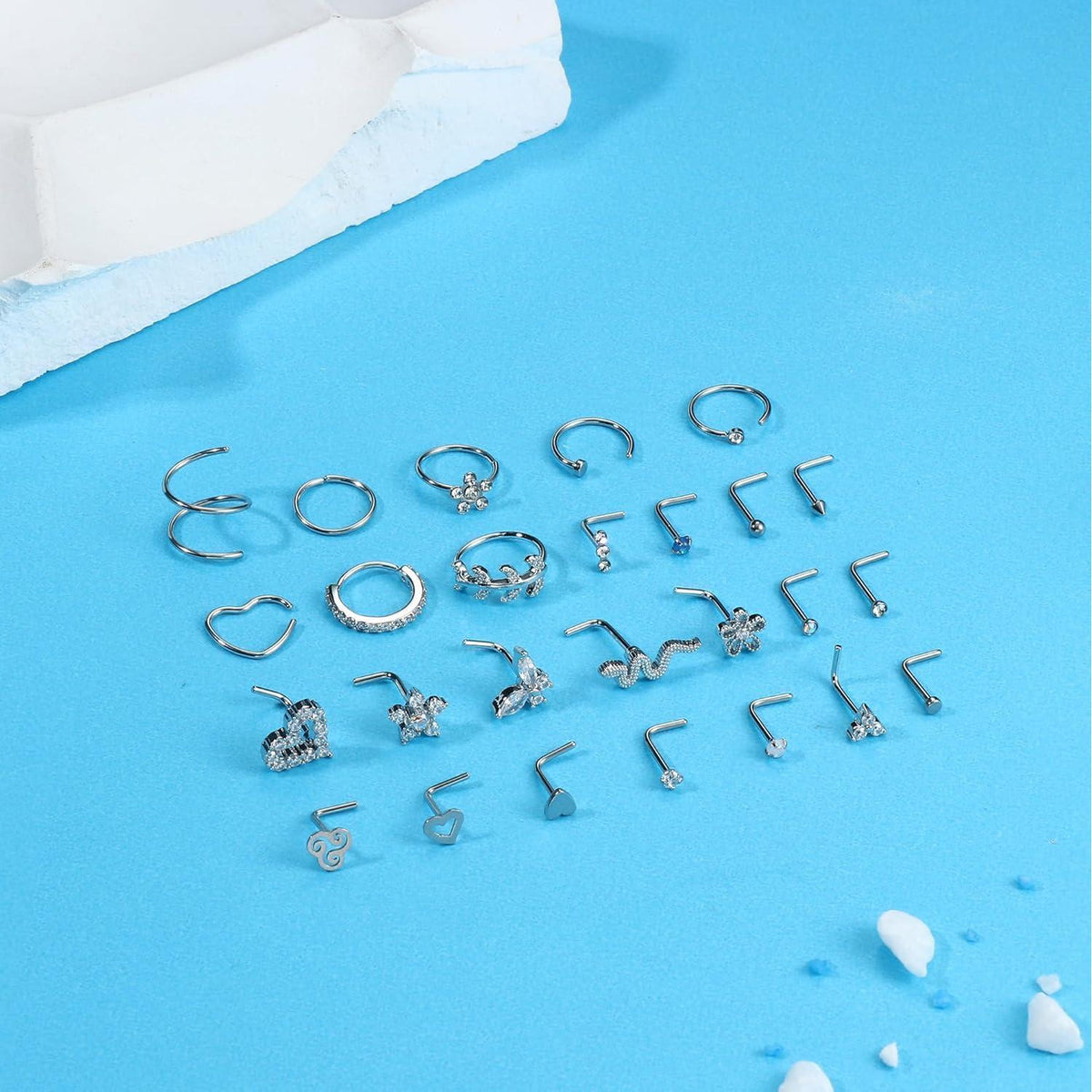 Nasenpiercing Set 26tlg. Chirurgenstahl mit Zirkonia, Schmetterling, Schlange, Gold & Silber