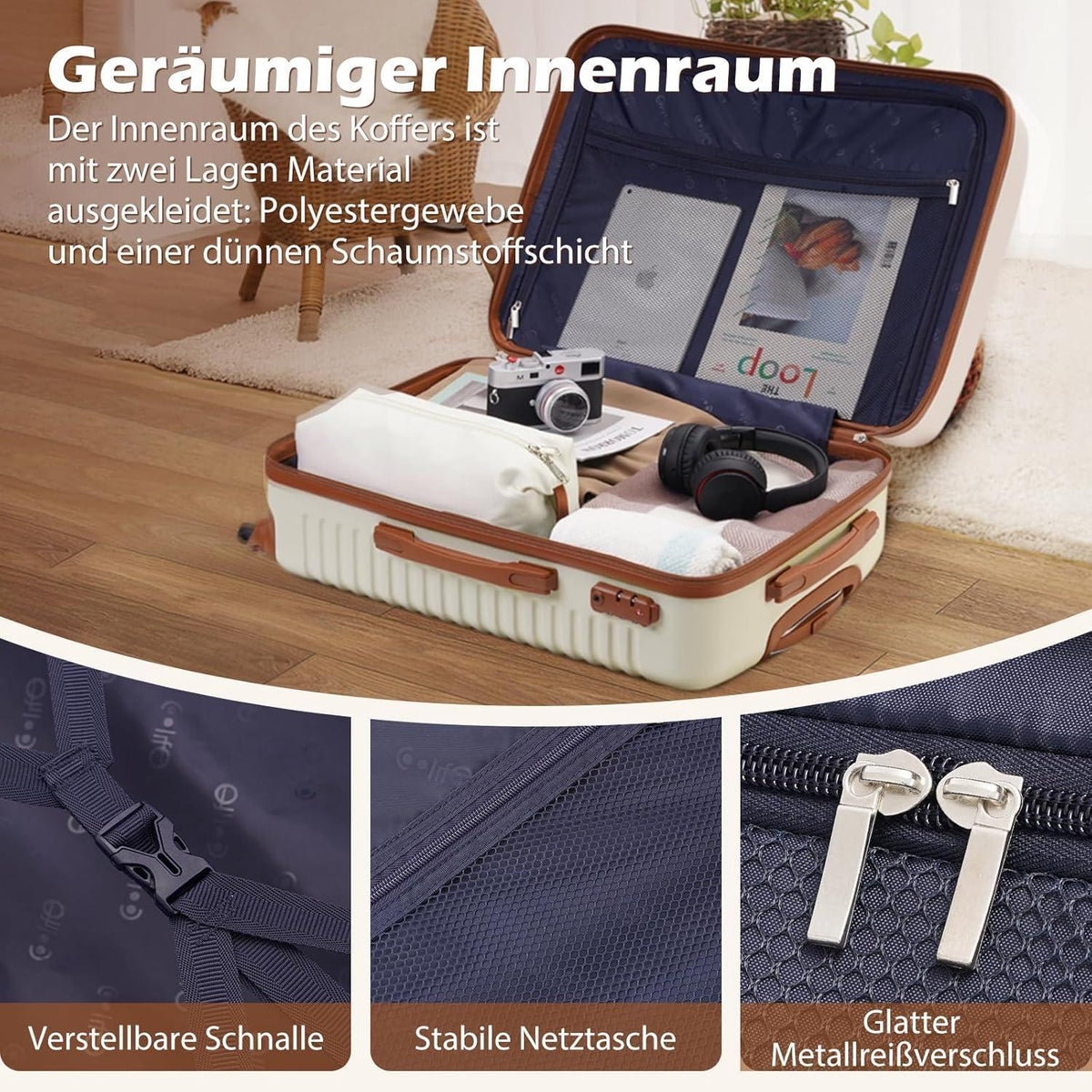 Reisekoffer-Set 5-teilig mit Rucksack und Kulturbeutel, Blau/Braun