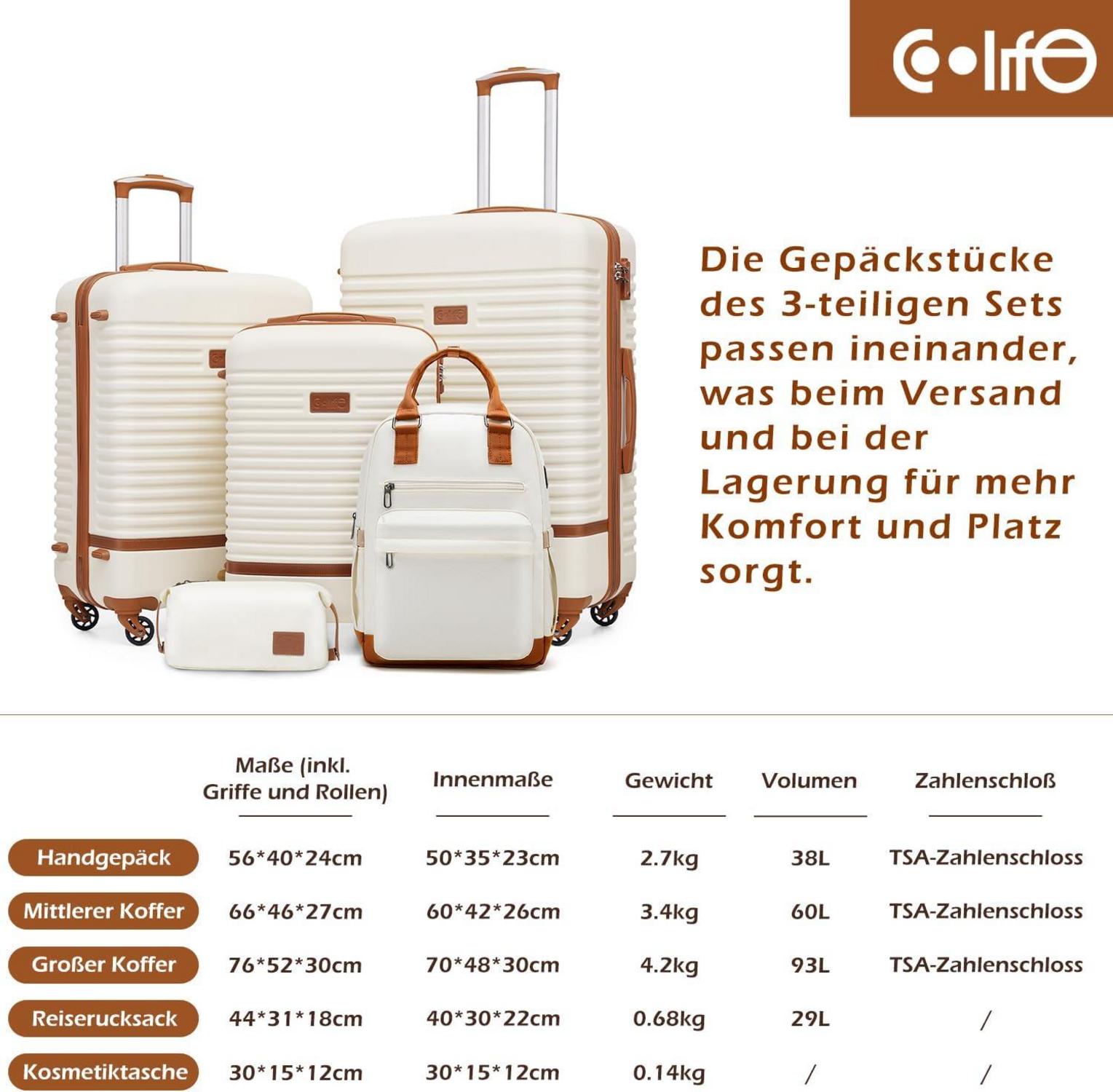 COOLIFE Koffer Set ABS Hartschalen Trolley 3tlg Blau/Braun