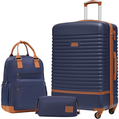 Reisekoffer Set 3tlg. mit Rucksack & Kulturbeutel, Blau/Braun