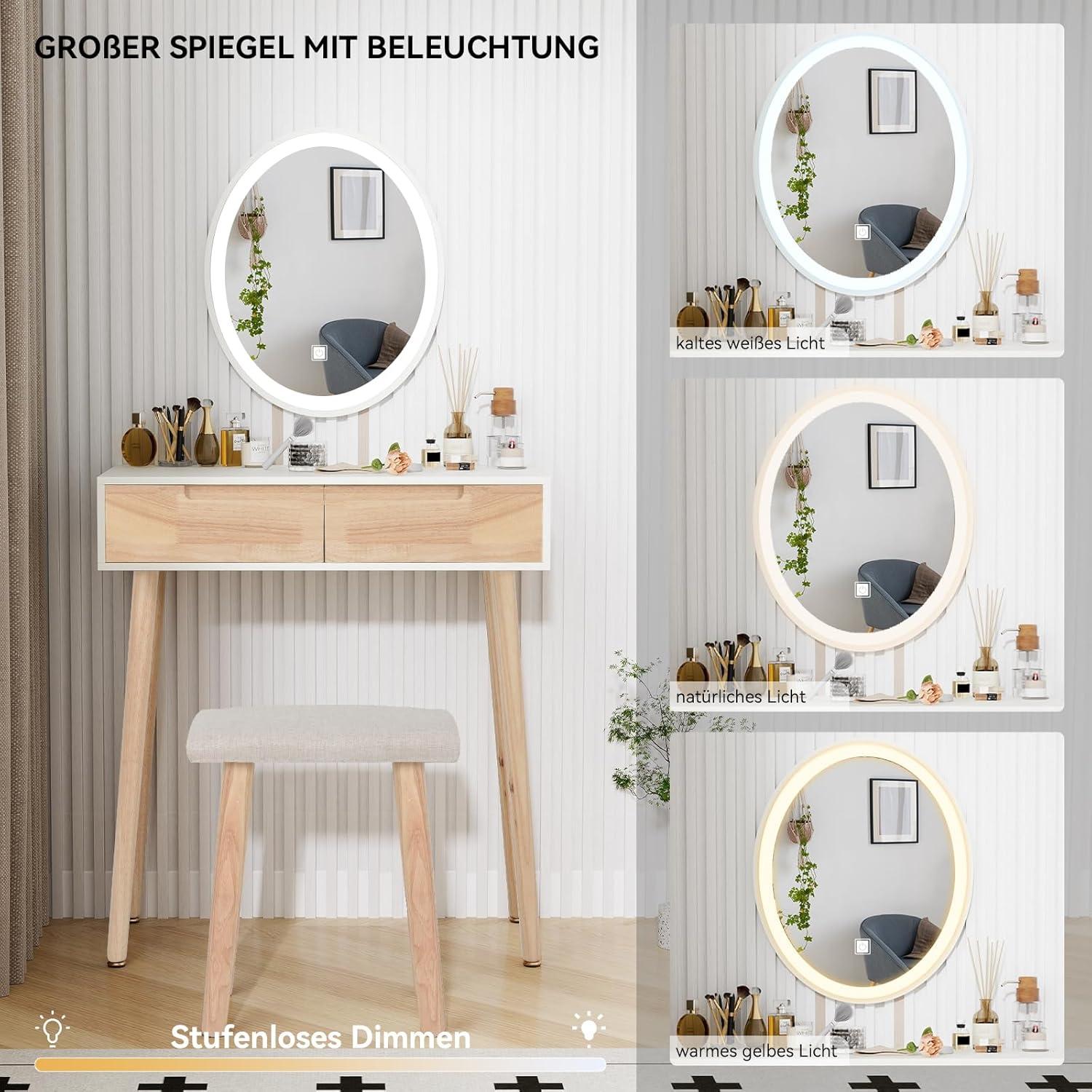 Schminktisch LED-Beleuchtung Spiegel Stuhl 2 Schubladen Oval