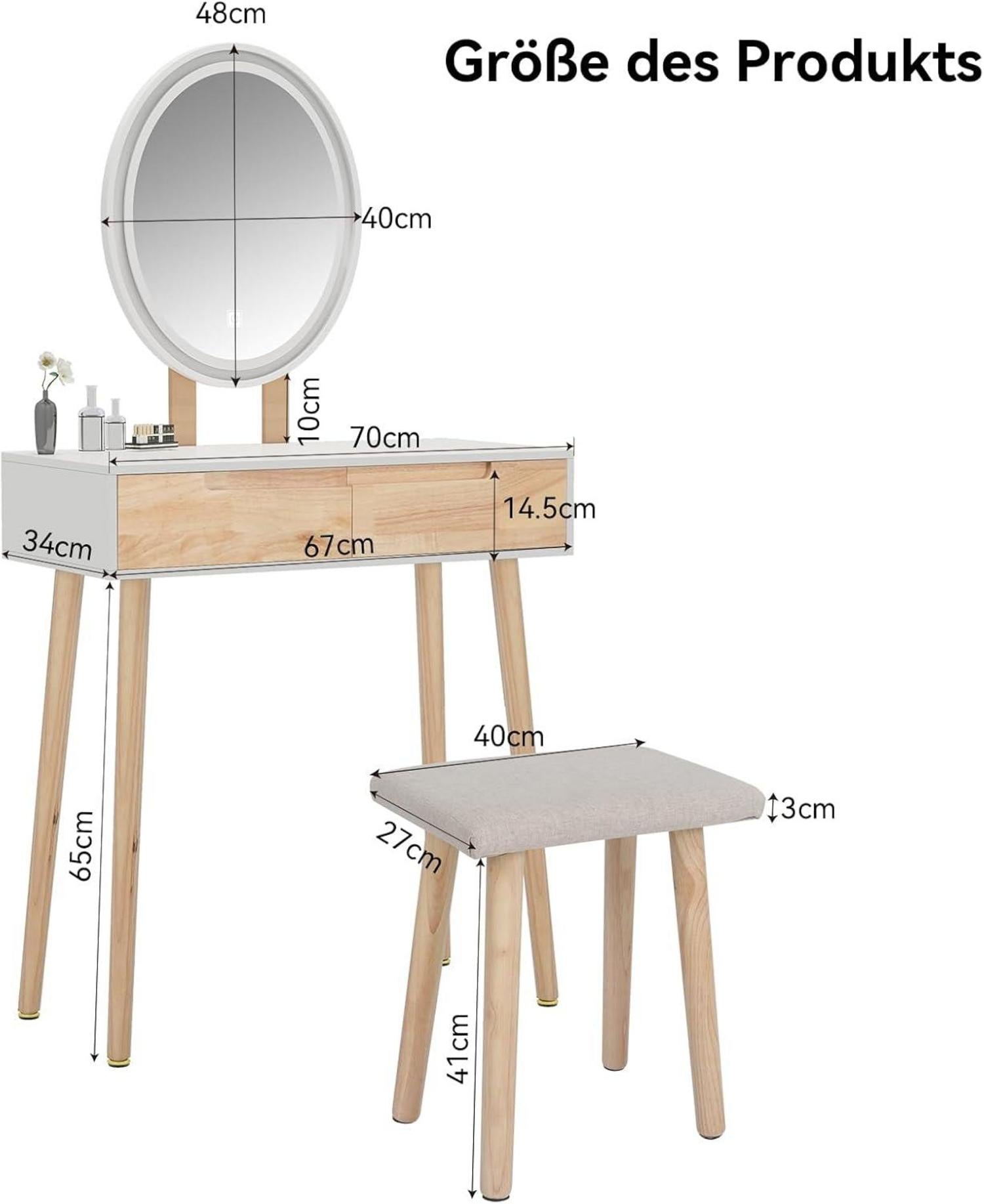 Schminktisch LED Beleuchtung Spiegel Stuhl 2 Schubladen Helligkeit Make Up