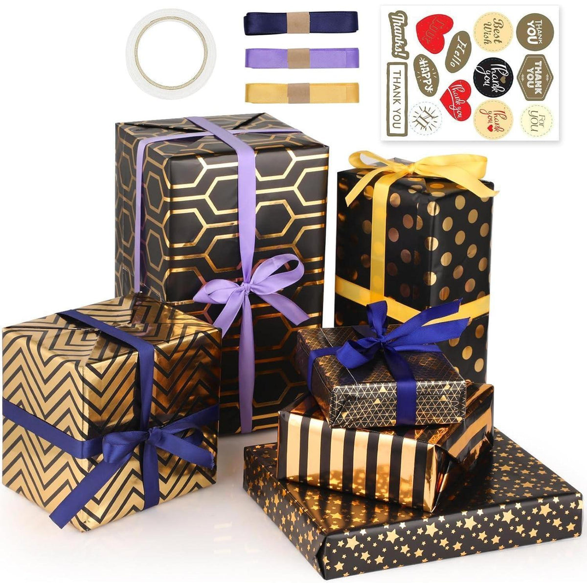 Geschenkpapier Set Schwarz Gold 6 Blätter mit Band & Aufkleber