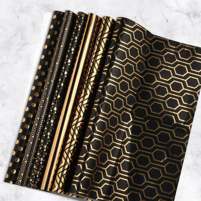 Geschenkpapier Set Schwarz Gold 6 Blätter mit Band & Aufkleber