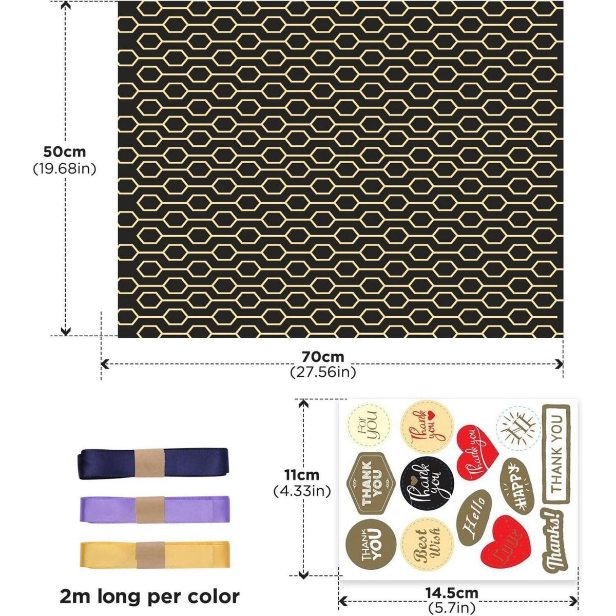 Geschenkpapier Set Schwarz Gold 6 Blätter mit Band & Aufkleber