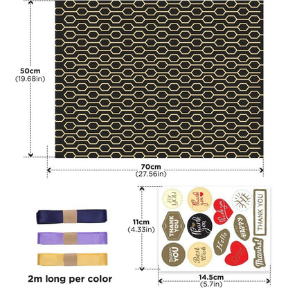 Geschenkpapier Set Schwarz Gold 6 Blätter mit Band & Aufkleber