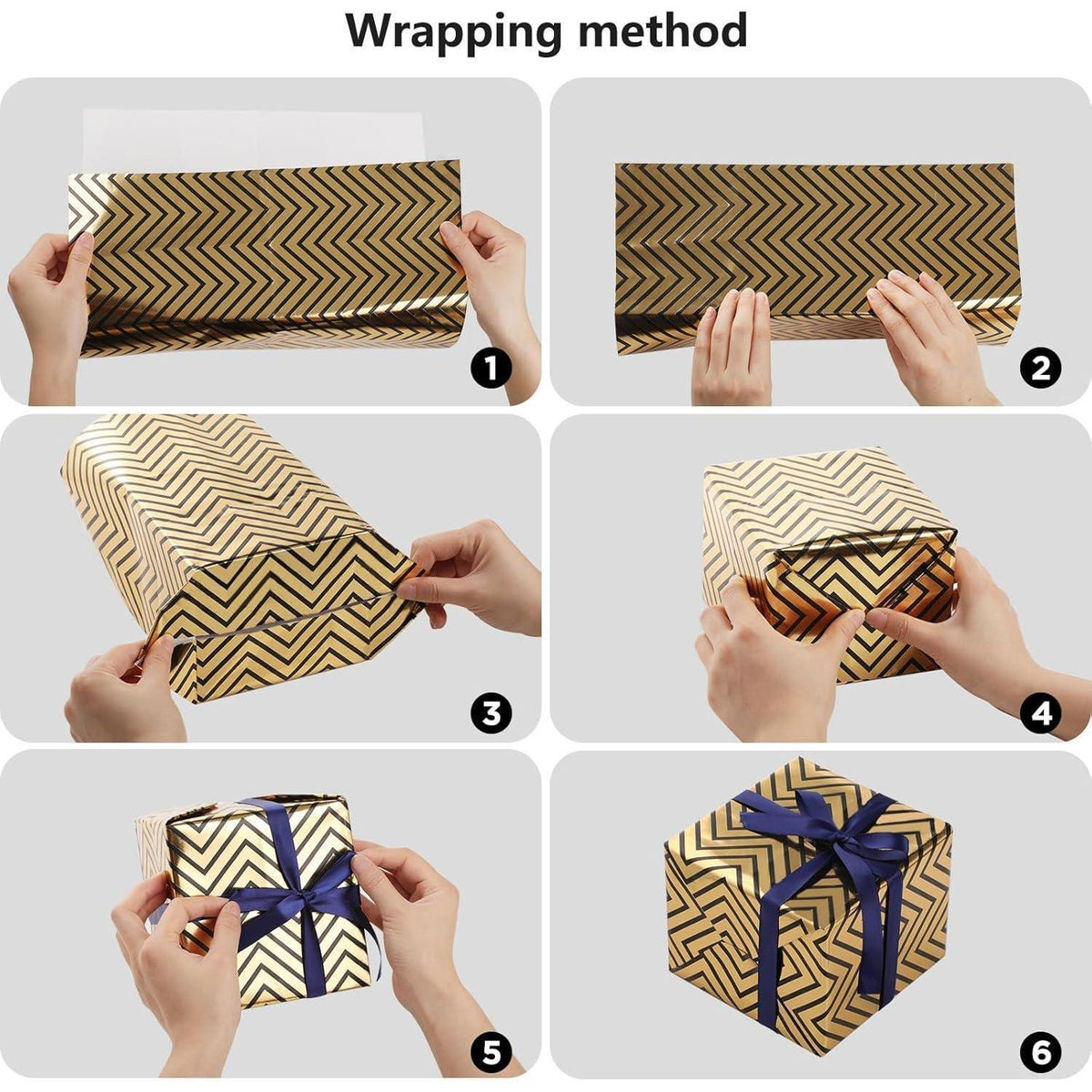 Geschenkpapier Set Schwarz Gold 6 Blätter mit Band & Aufkleber