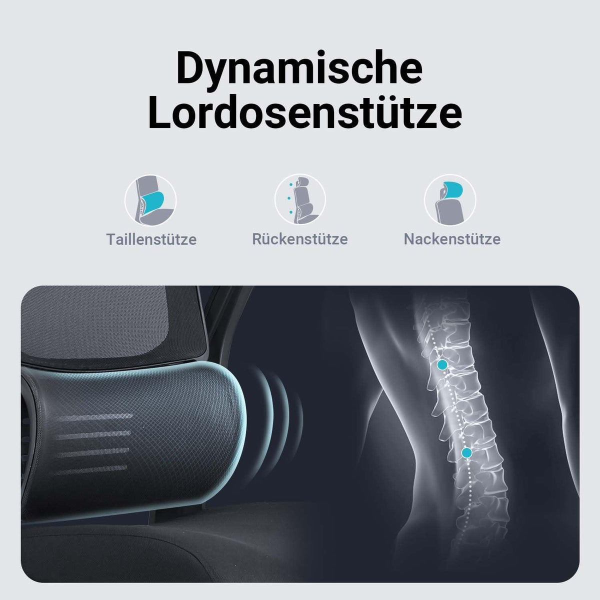 Ergonomischer Bürostuhl mit Lendenwirbelstützfunktion und doppelter Rückenlehne