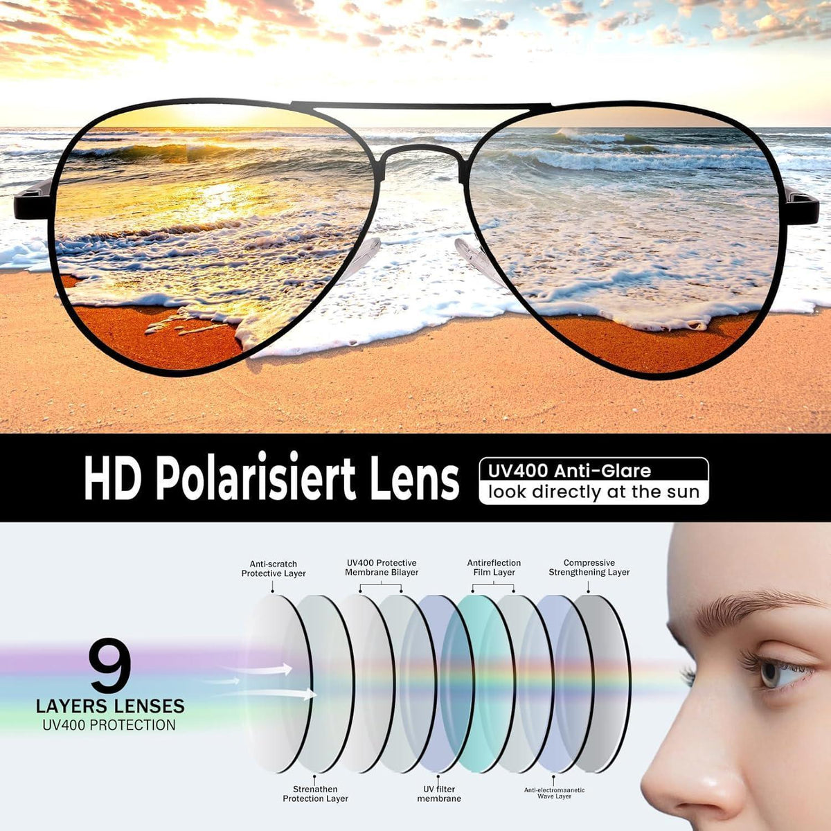 Pilotenbrille polarisiert mit UV400 Schutz – Verstellbares Federscharnier