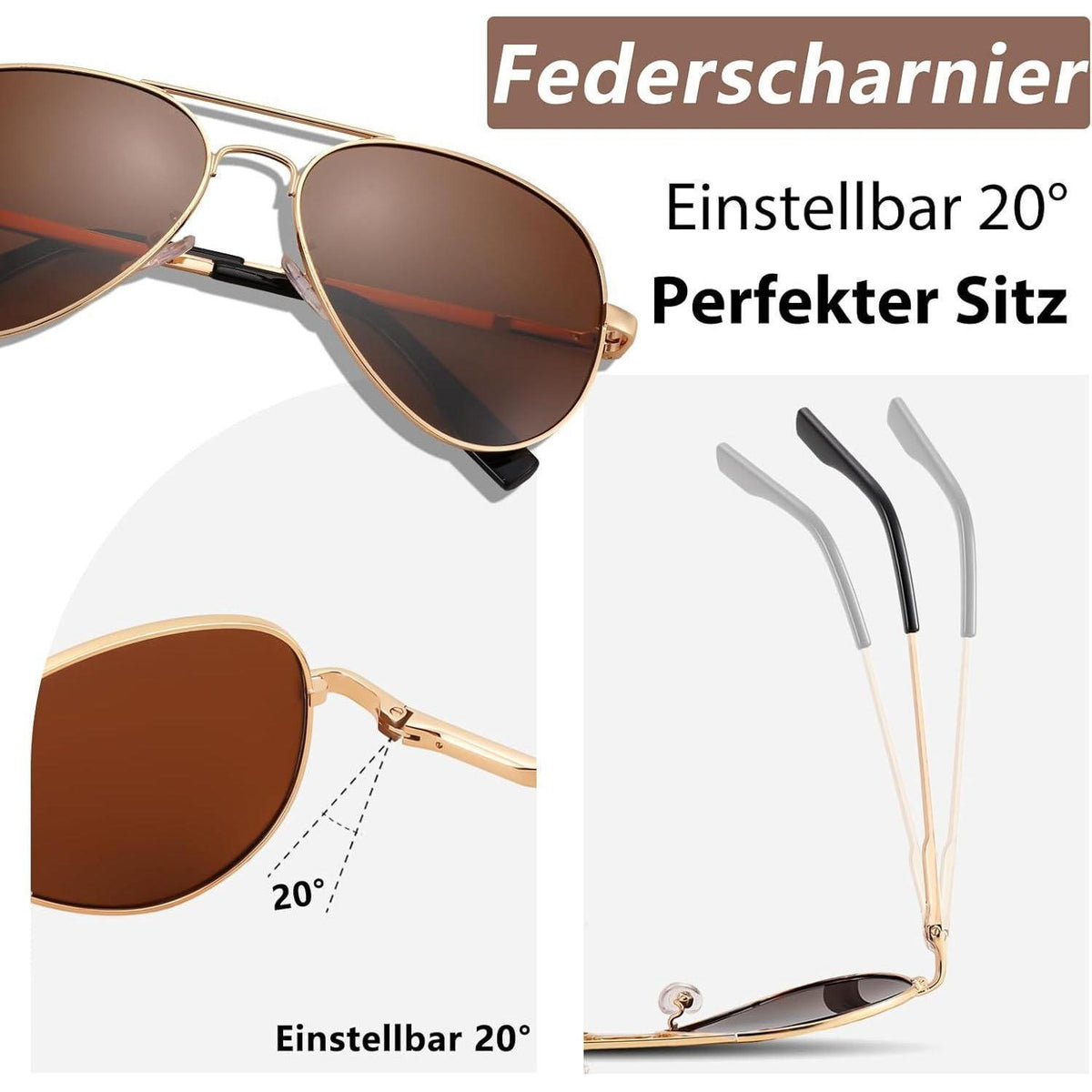 Pilotenbrille polarisiert mit UV400 Schutz – Verstellbares Federscharnier