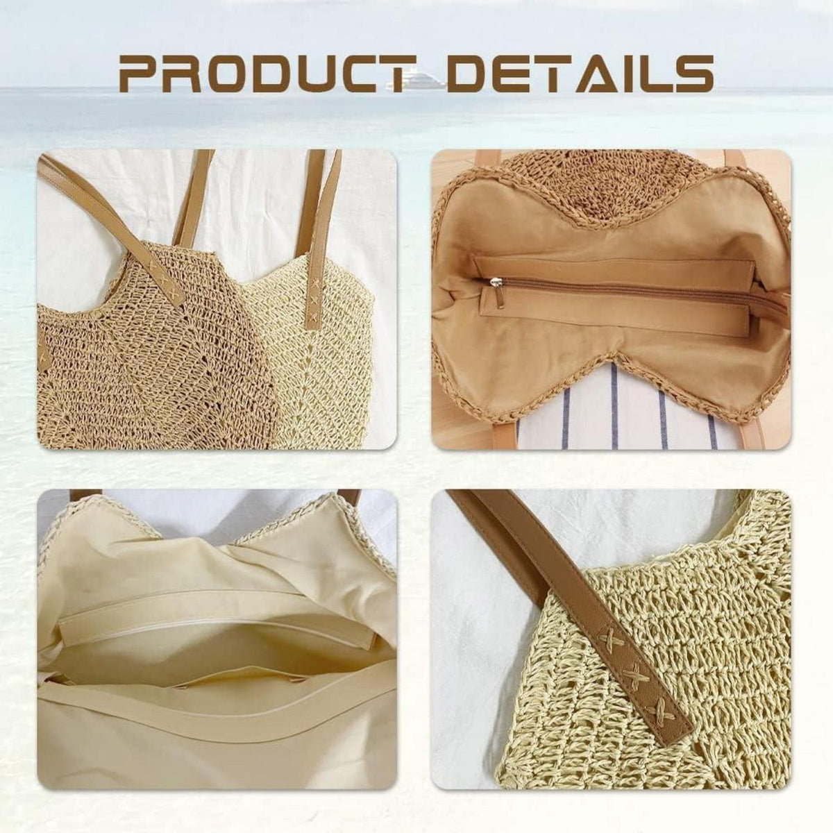 Strohhandschuh Damen Groß Sommer Strandtasche Boho Stil X-beige