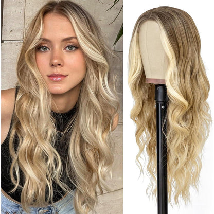 Lange gewellte Perücke braun blond mit Pony 26 Zoll