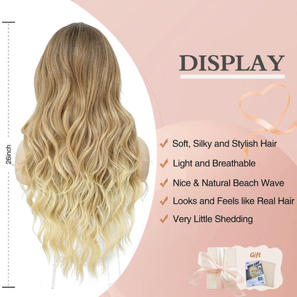 Lange gewellte Perücke braun blond mit Pony 26 Zoll