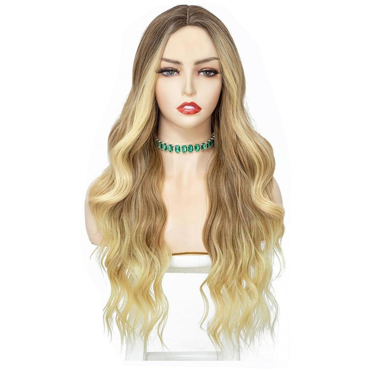 Lange gewellte Perücke braun blond mit Pony 26 Zoll