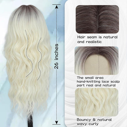 Hellblonde Wellenperücke Damenlang mit braunen Wurzeln