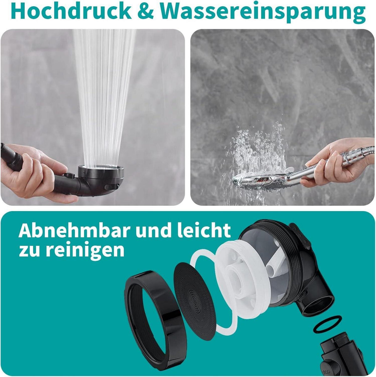 Wassersparender Duschkopf mit 3 Strahlarten und Druckerhöhung, Schwarz