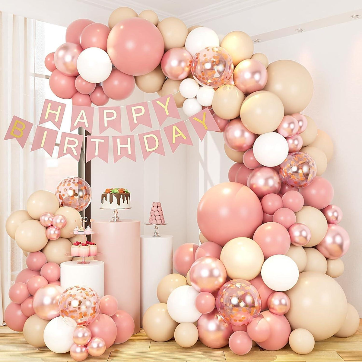 Luftballon Girlande Set 133 Stück Rosa Beige Weiß Rosegold