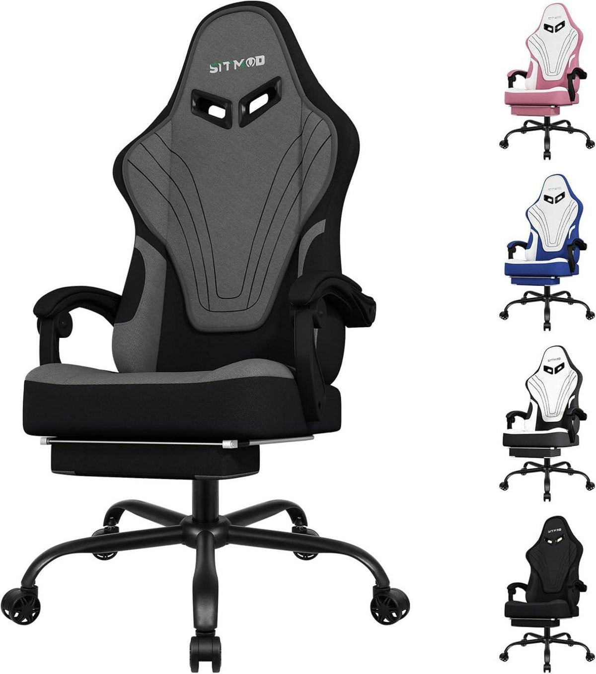 Gaming Stuhl Ergonomisch Fußstütze verstellbar 360° Drehbar Büro Home-Grau