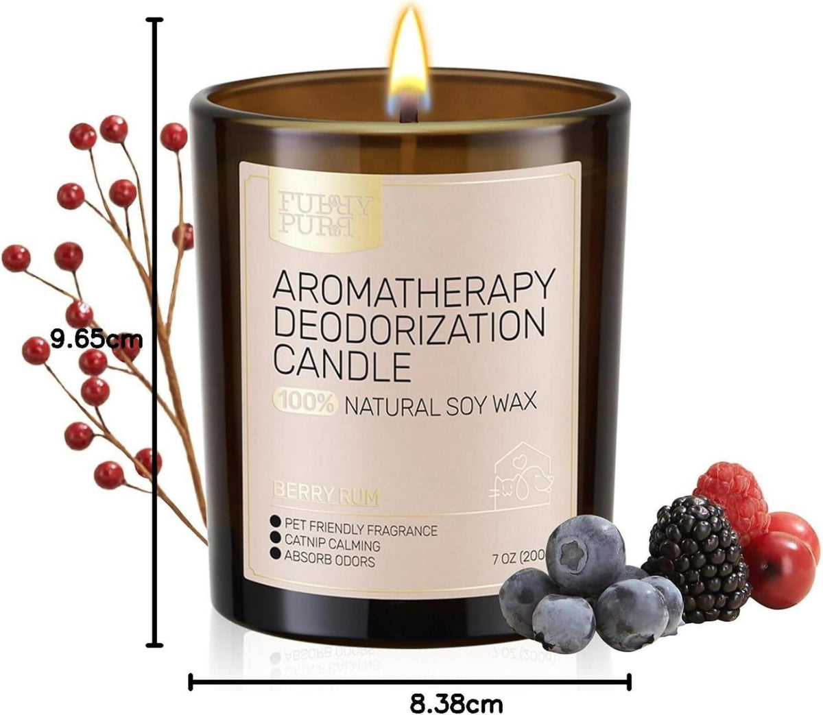 Furry Purr Duftkerze für Haustier-Geruchselimination, Handmade aus Sojawachs, Berry Rum Duft, 200g