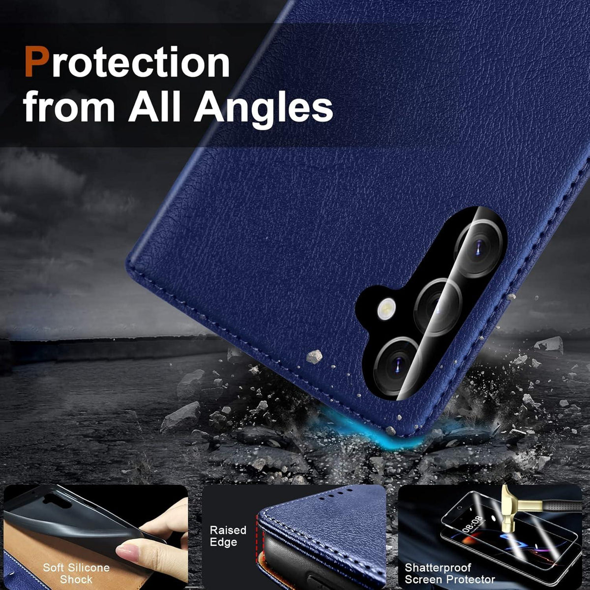 QHOHQ Samsung Galaxy A54 5G Handyhülle Blau Flip Case + Panzer Schutz-Glas