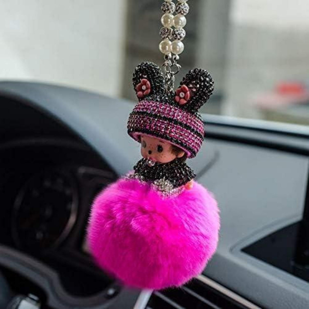 Strass Rückspiegel Anhänger Auto – Niedliche Plüsch Ball Dekoration