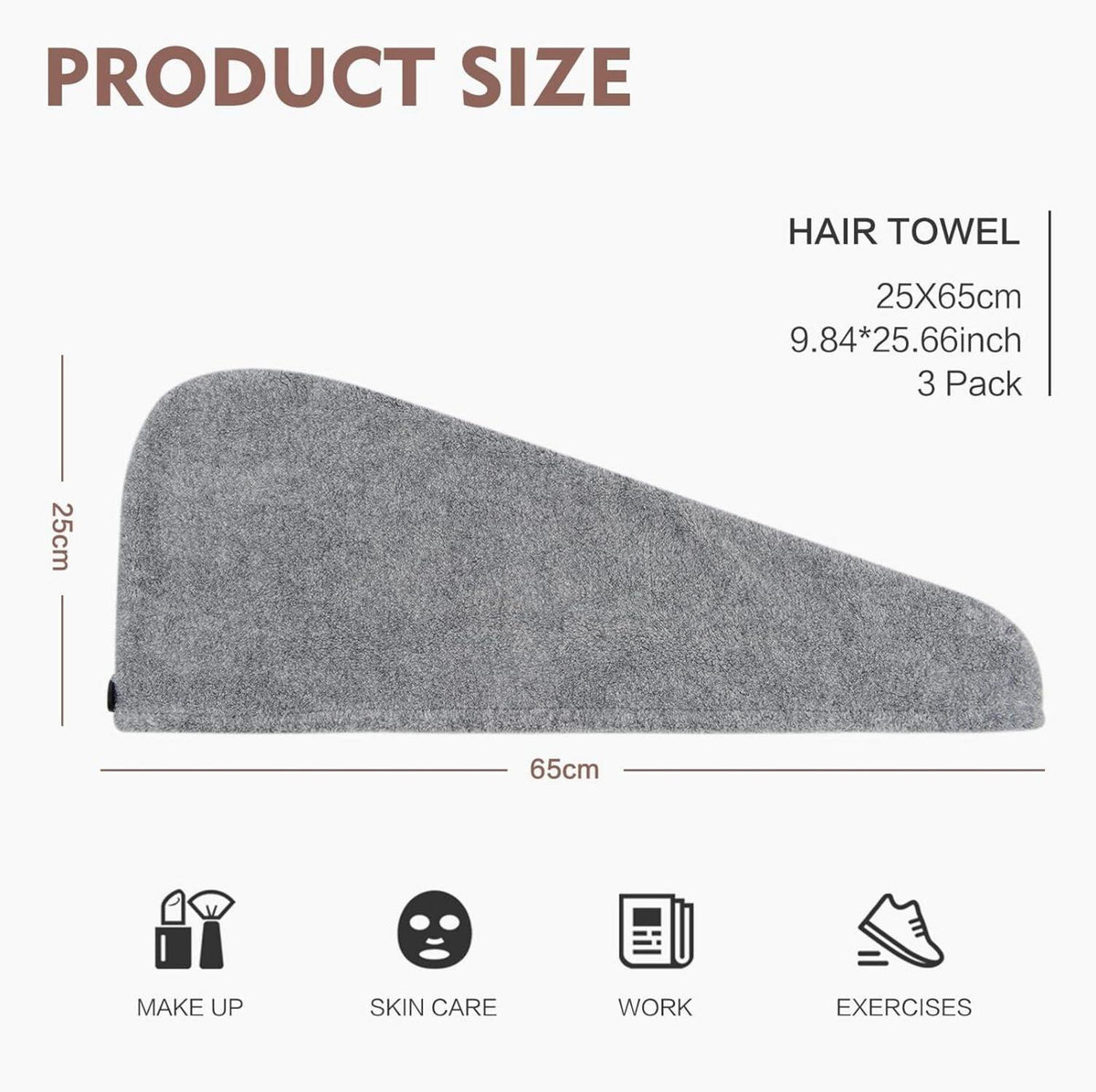 KinHwa Turban Haartuch Bambus Mikrofaser 25x65cm 3 Stück