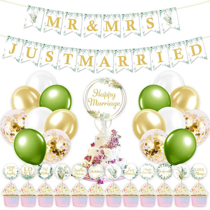 Hochzeit Just Married Deko Set Eukalyptus Grün Banner Ballons
