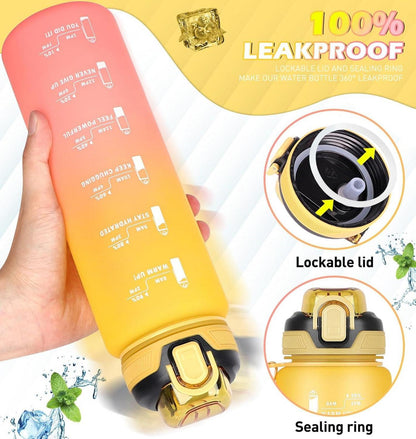 CodiCile Trinkflasche 1l mit Strohhalm Zeitmarkierung Gelb Rosa