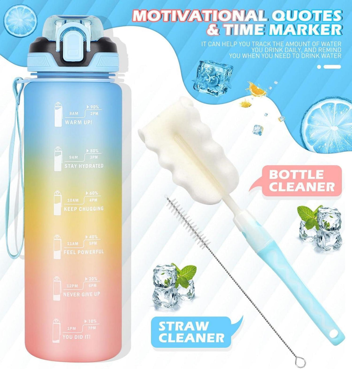 Trinkflasche 1l mit Strohhalm, Auslaufsicher, Zeitmarkierung