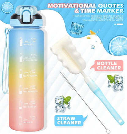 Trinkflasche 1l mit Strohhalm, Auslaufsicher, Zeitmarkierung