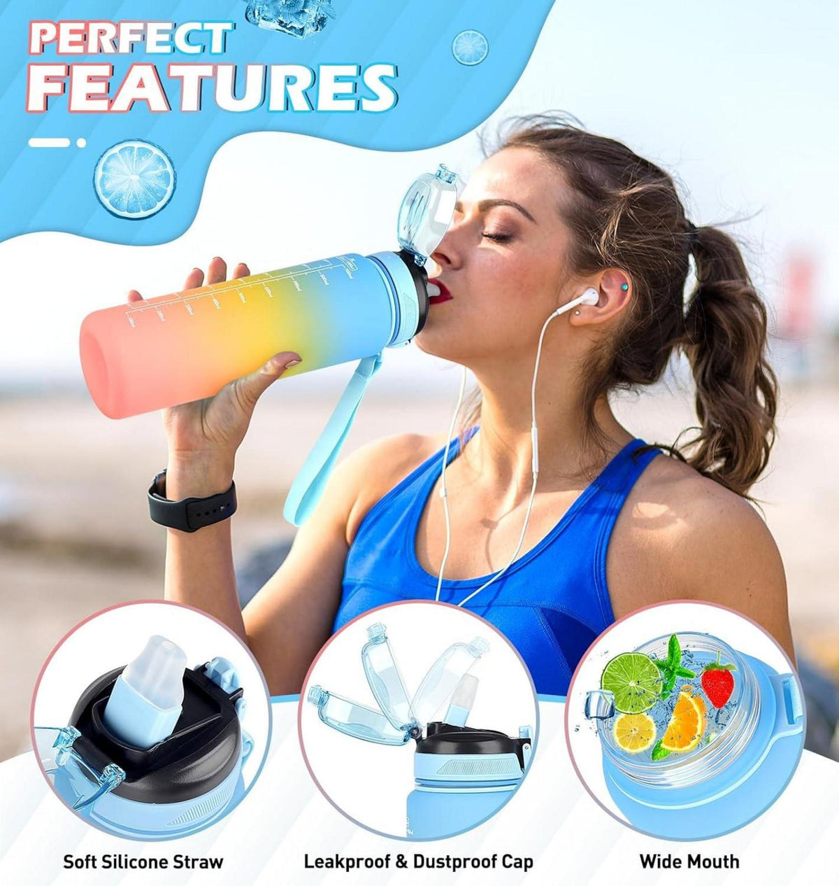 Sport Trinkflasche 1l mit Zeitmarkierung und Strohhalm