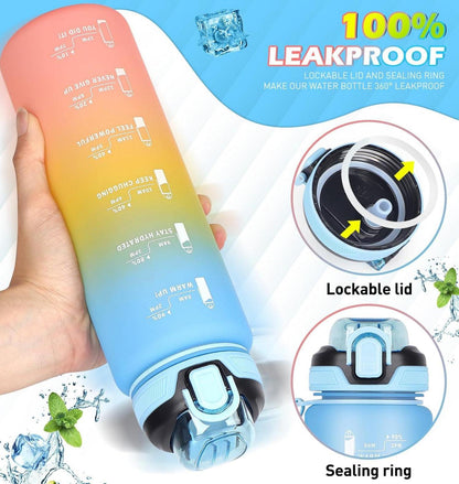 CodiCile Trinkflasche 1l mit Strohhalm Auslaufsicher Zeitmarkierung Blau Gelb Pink