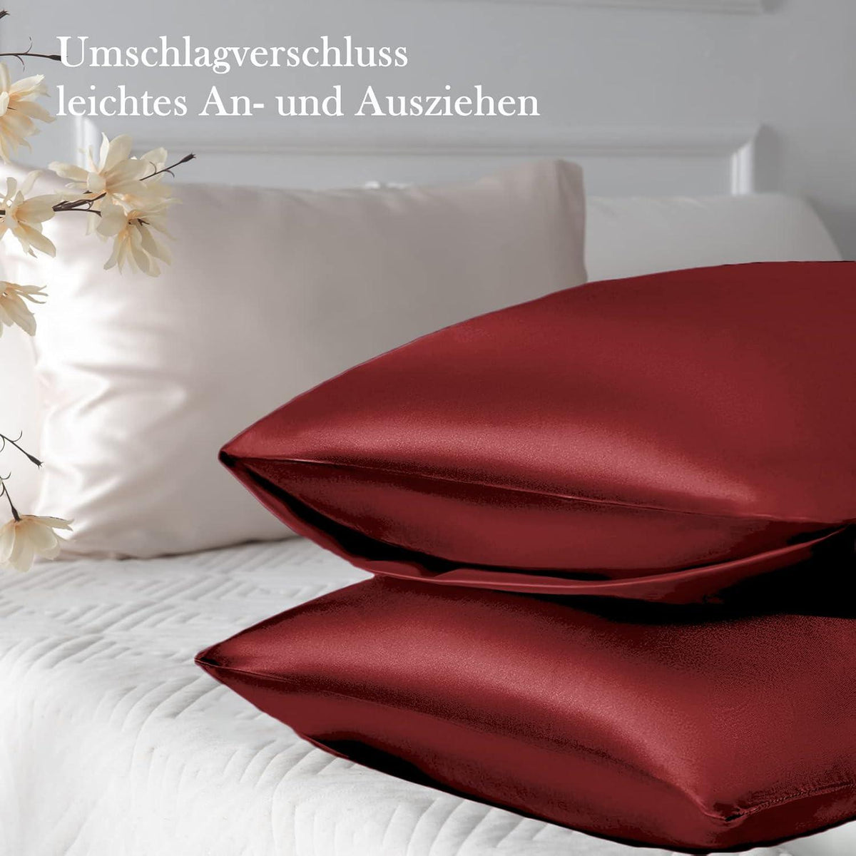 Satin Kissenbezug 2er-Set 40x60 Weinrot Haargummis