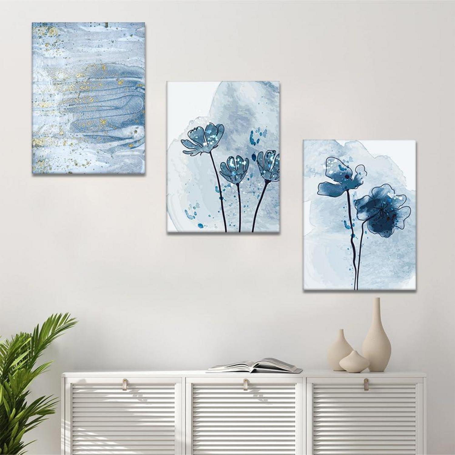 3-teiliges Abstract Leinwandbild Blau Gold Aquarellmalerei 30x40cm