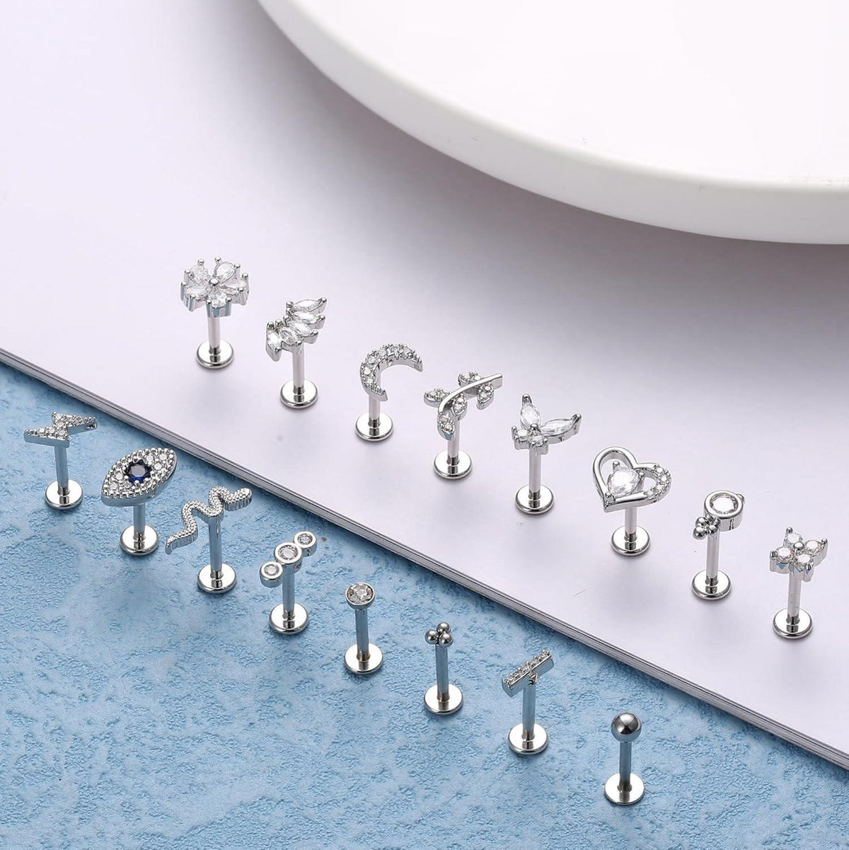 16G Helix Tragus Piercing Set 16 Stück Chirurgenstahl CZ Mond Herz Blatt