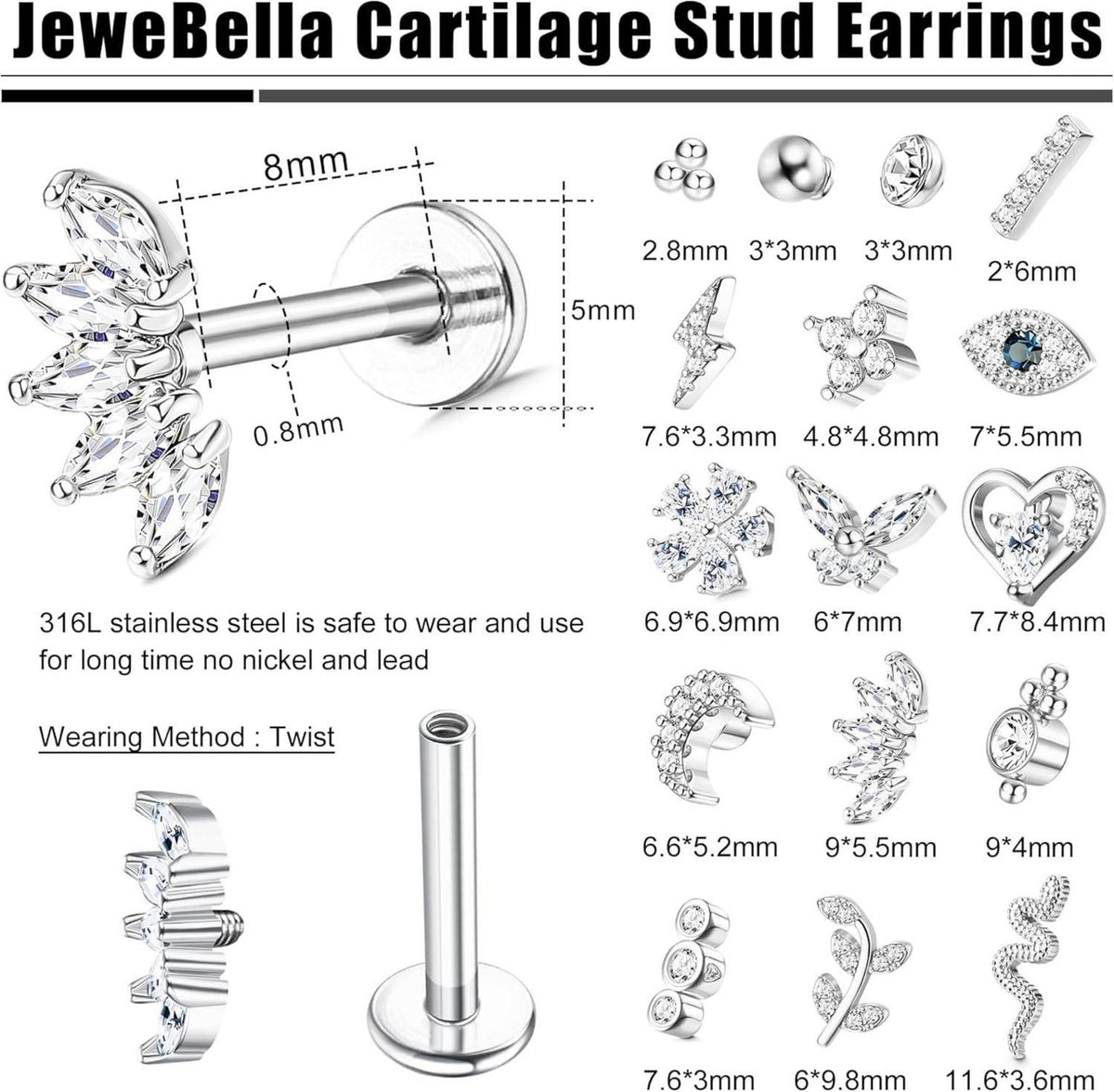 16G Helix Tragus Piercing Set 16 Stück Chirurgenstahl CZ Mond Herz Blatt
