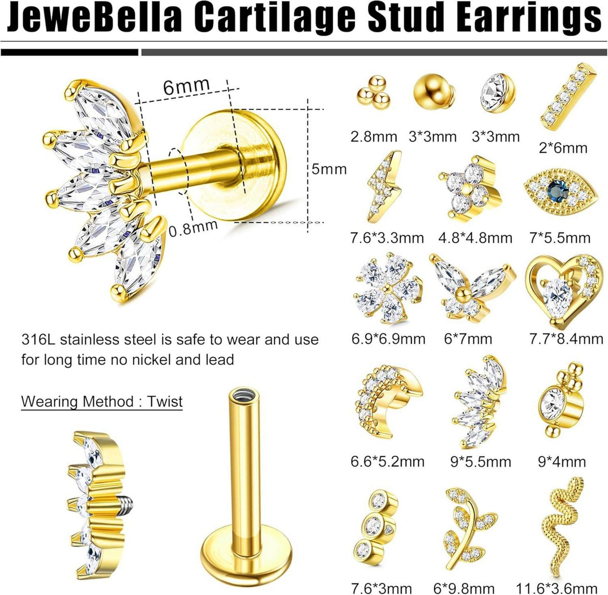 16 Stück Helix Tragus Piercings Knorpel Ohrringe Chirurgenstahl Gold