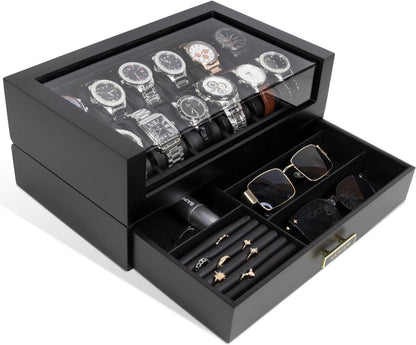 Uhrenbox mit 12 Fächern und Schublade, Echtholz Uhrenkoffer
