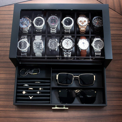 Uhrenbox Herren 12 Fächer Echtholz Uhrenkoffer Schublade Geschenke Vater Freund