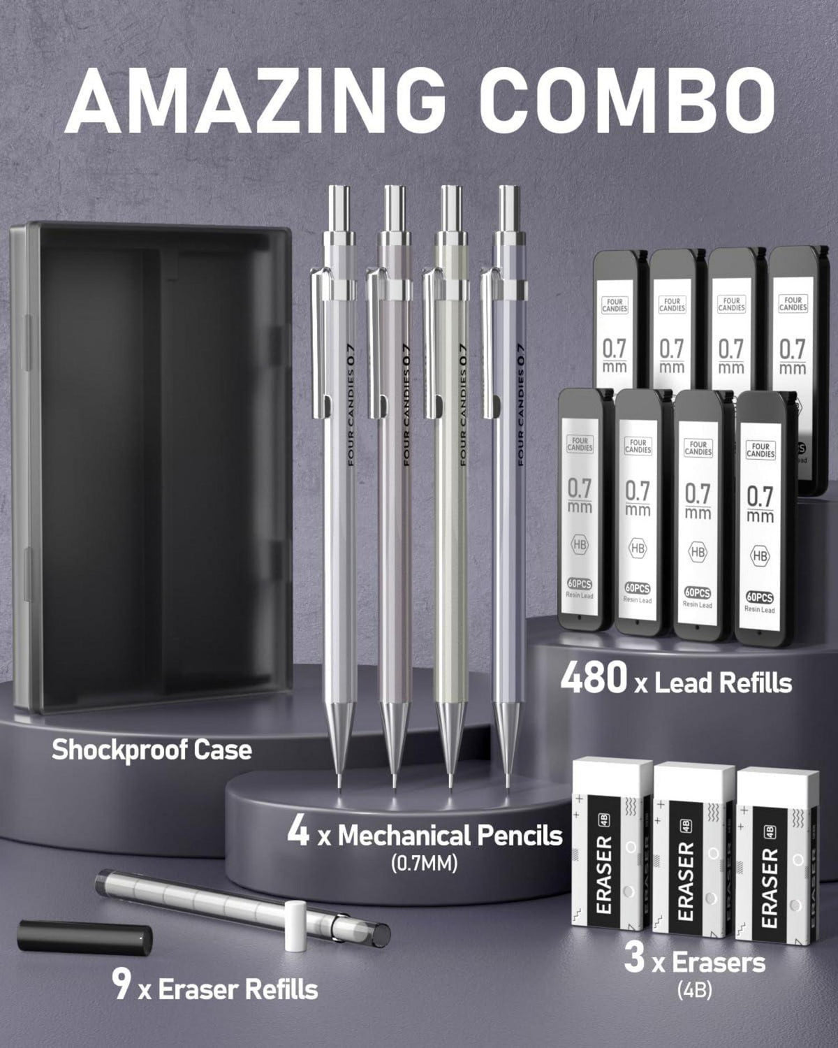 4 Stück Druckbleistift Set 0,7mm Metall HB #2 Blei 4B Radiergummi