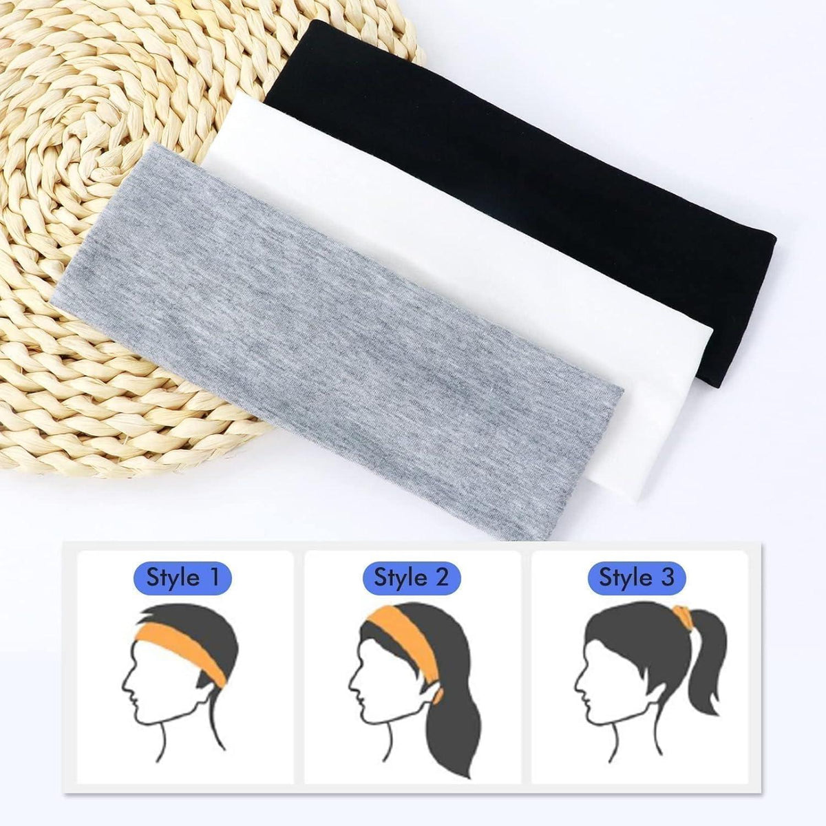 Sport Stirnband Damen Sommer 3er Pack Schwarz Weiß Grau - Elastische Antirutsch
