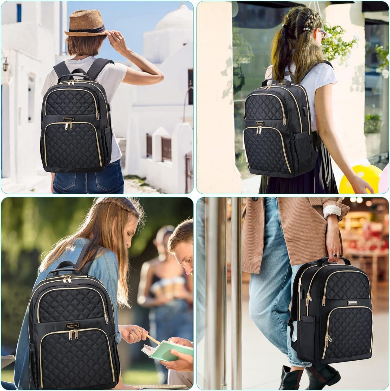 Damen Rucksack 15,6 Zoll USB Ladeanschluss Laptop Daypack Schwarz