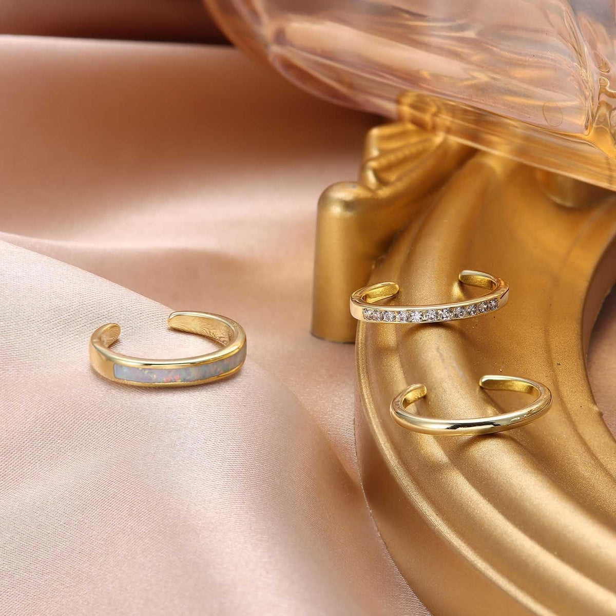 3er Set Verstellbare Zehenringe 14K Gold gefüllt mit Opal & CZ Blume
