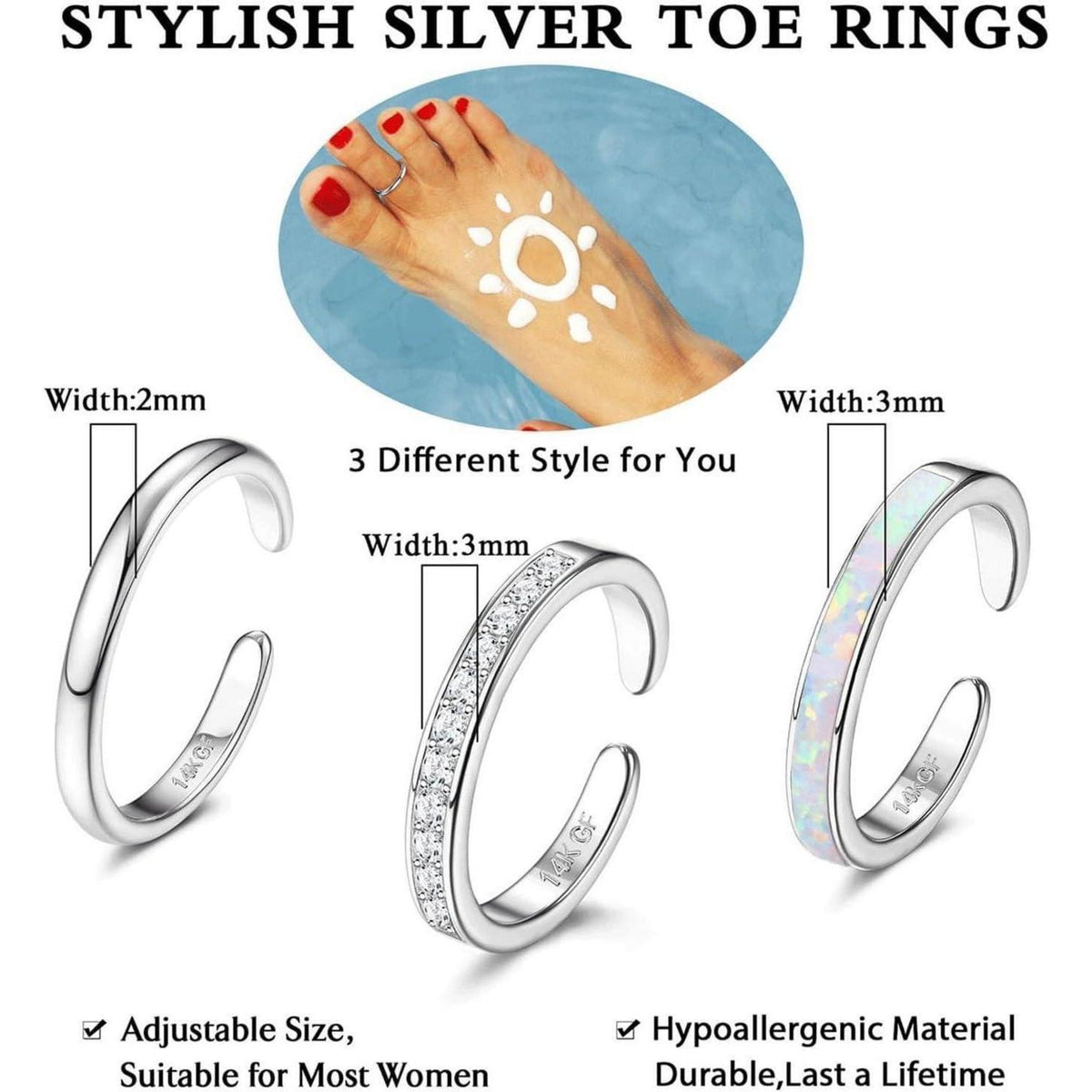 Zehenring Set 3 Stück 14K Gold gefüllt Verstellbar mit Opal & CZ Blume