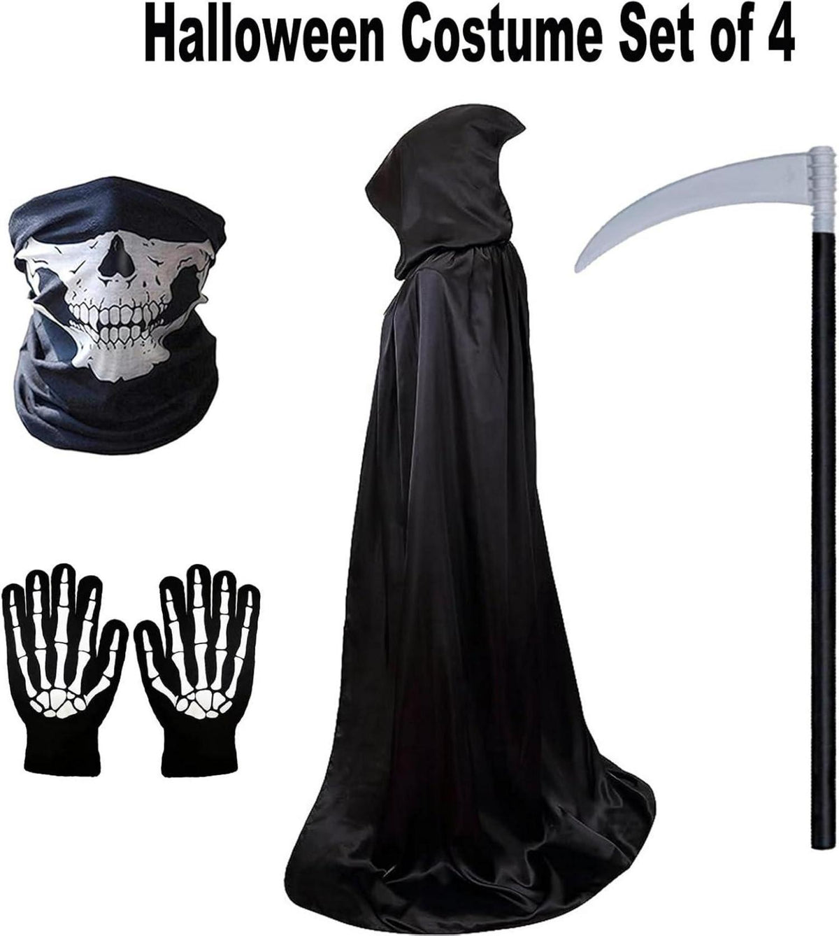 Sensenmann Kostüm Herren Set Halloween Gruselig 4er 120-190CM Unisex Erwachsene