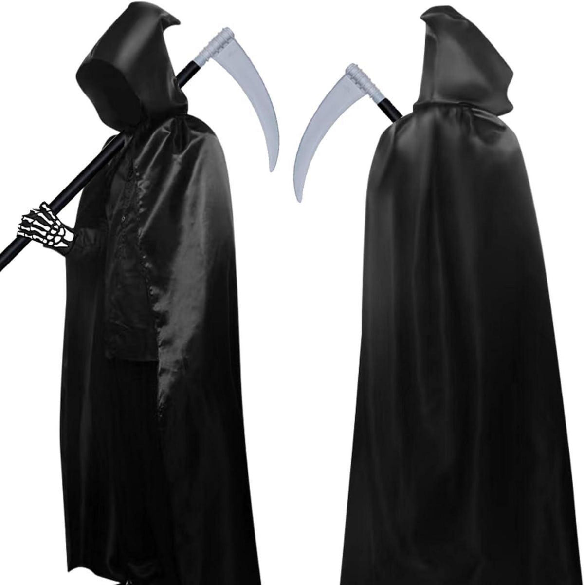 Halloween Umhang Schwarz Set mit Sense & Tattoos XL