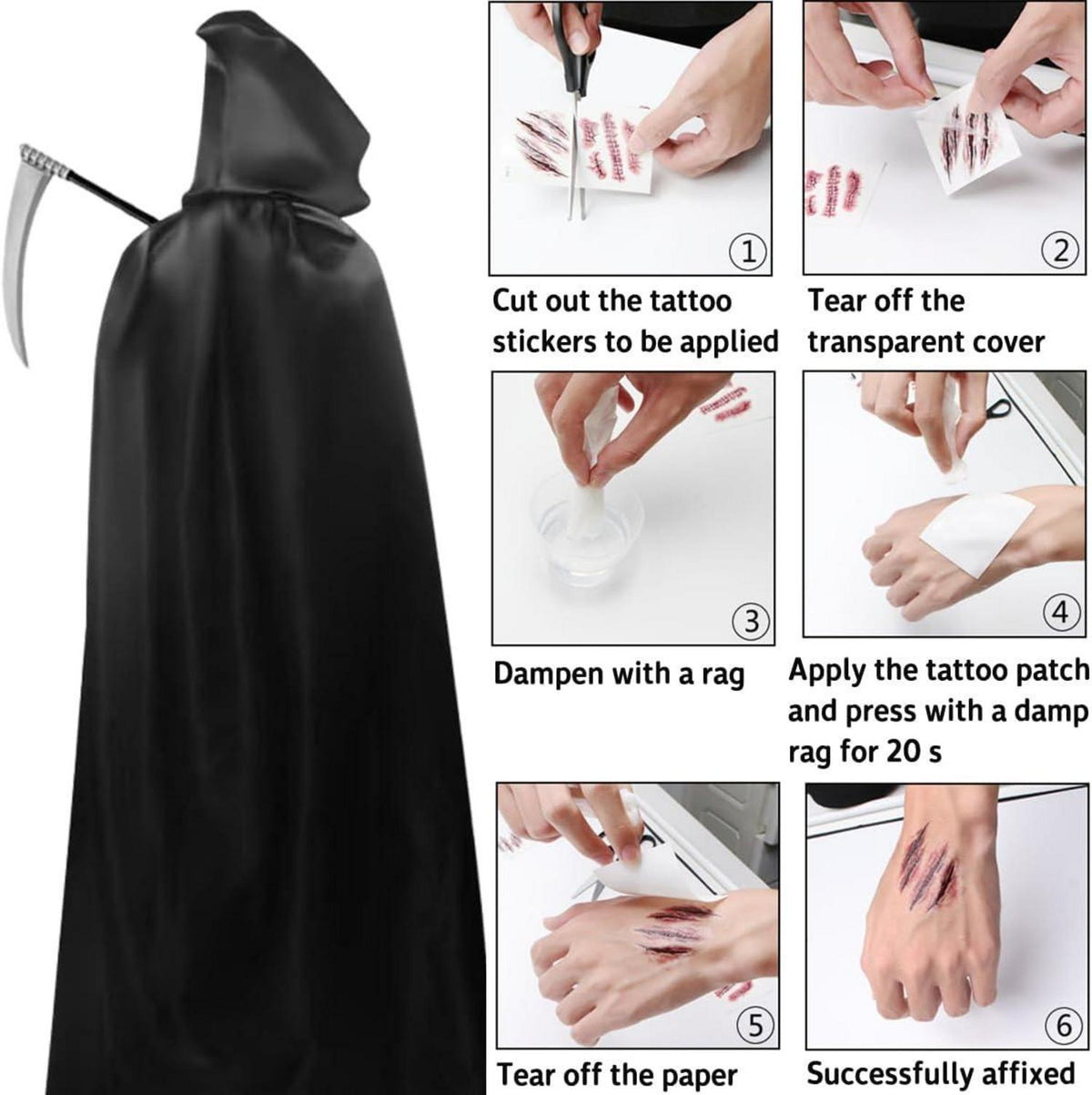 YIMOJOY Halloween Umhang Schwarz Set 190CM Sensenmann Kostüm Cosplay